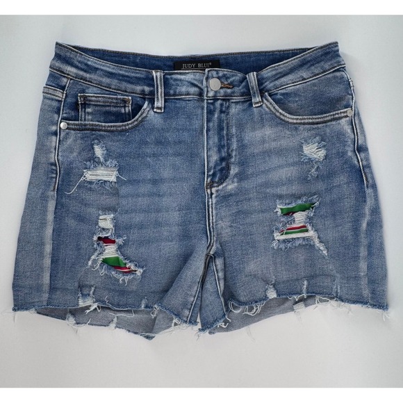 Judy Blue Pants - Judy Blue Women's Distressed Denim Shorts with Colorful Patches Size L